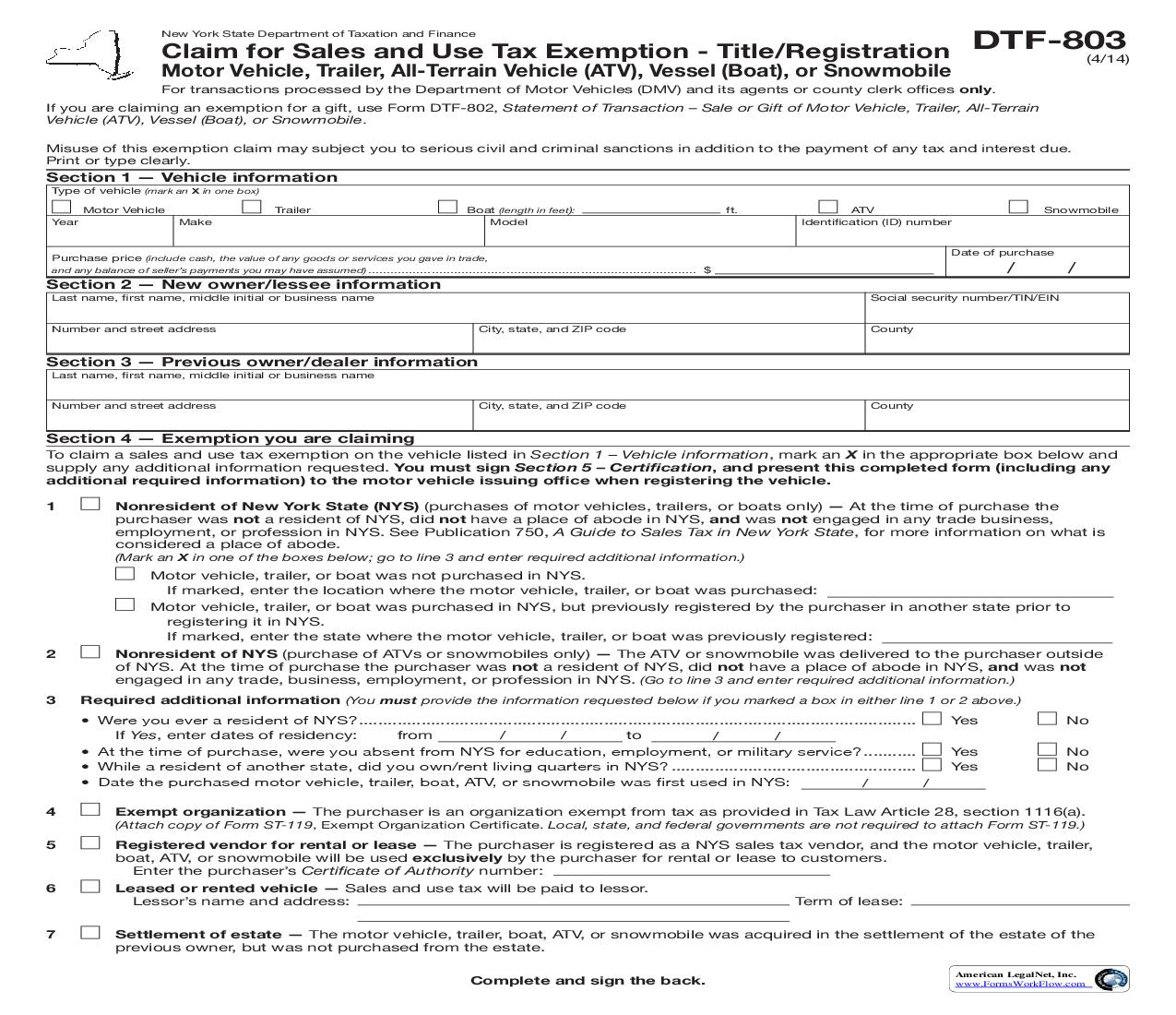 Claim For Sales And Use Tax Exemption - Title-Registration (Motor Vehicle Trailer ATV Vessel [Boat] Snowmobile) {DTF-803} | Pdf Fpdf Doc Docx | New York